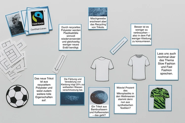 Eine Grafik zeigt verschiedene Symbole, Texte und Illustrationen rund um das Thema Klimawandel und Fu&szlig;ball.