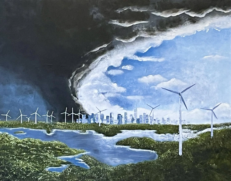 Das Bild zeigt eine Seenlanschaft mit Windr&auml;dern, im Hintergrund eine Skyline, aus der eine Rauchwolke aufsteigt.